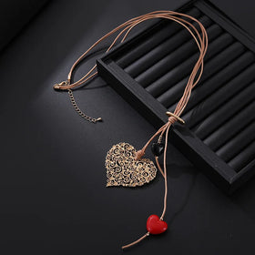 Lover Heart Beads Hollow Heart Alloy Pendant Double Layers Long Brown Cord Sweater Necklace For Women