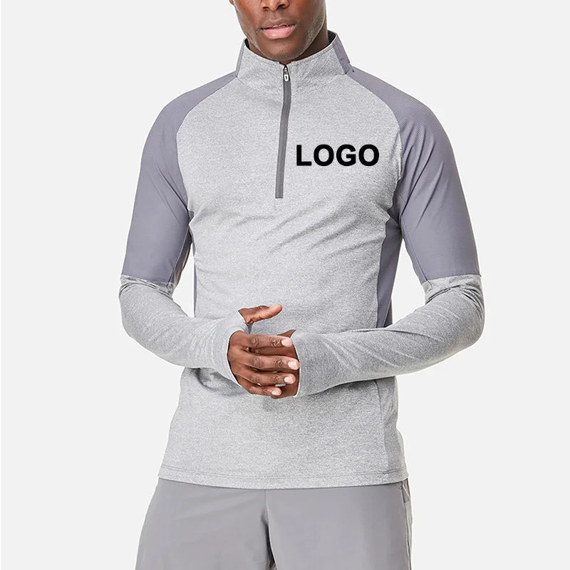 Running Wear 91% Nylon 9% Elastane Custom Quarter Zip Long Sleeve Thumbholes Grey Men's T-Shirts