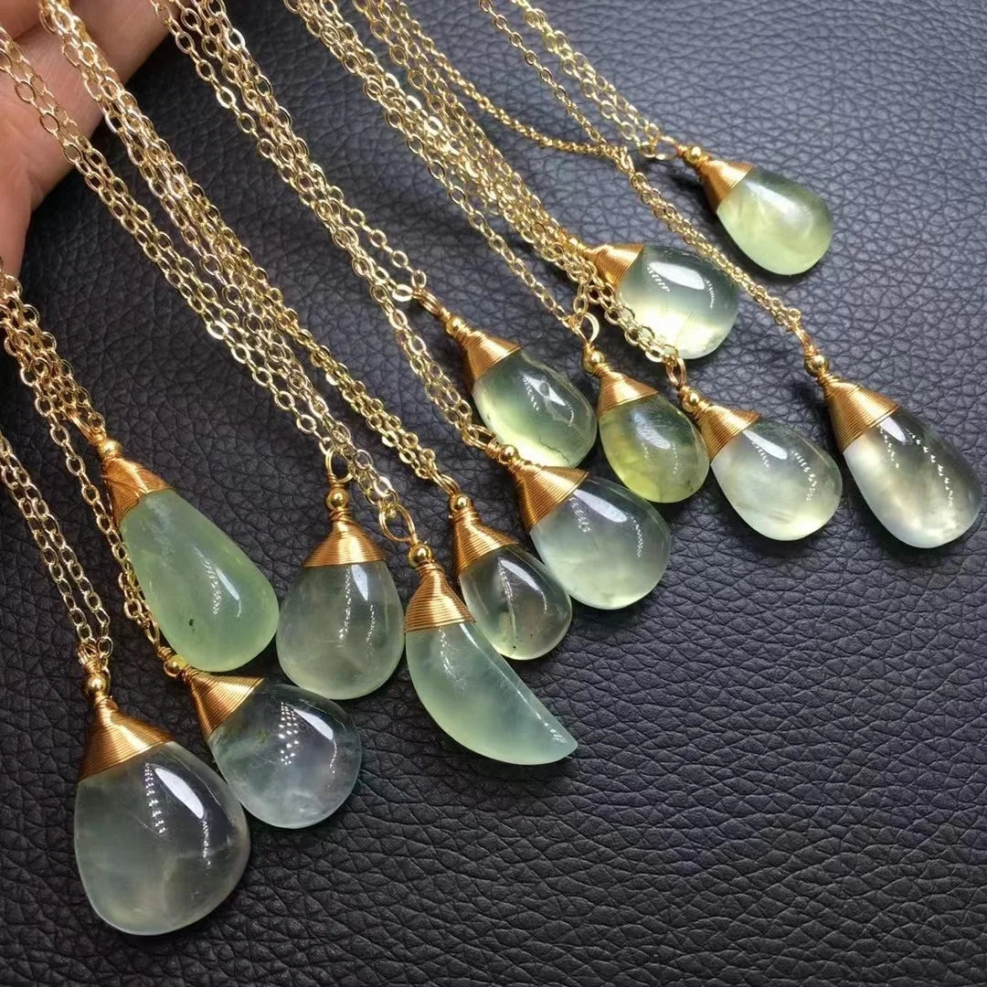 Initial 925 Sterling Silver 18K Gold Plated Fashion Gemstone Natural Prehnite Hand Wound Pendant Necklace