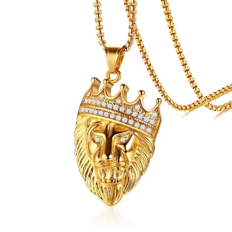 Fashionable Gold 18K Stainless Steel Punk Zircon Animal Hiphop Lion Head Pendant