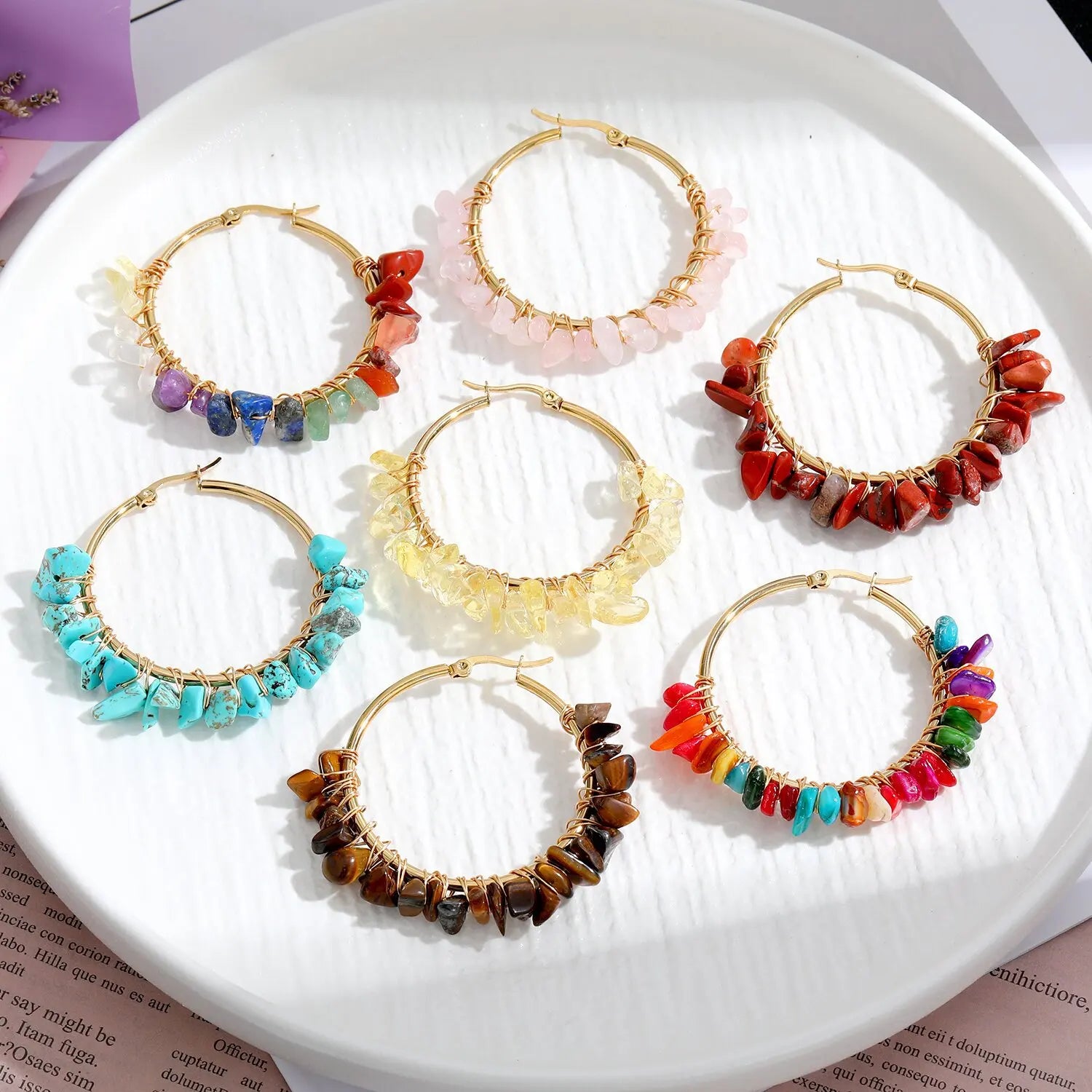Wholesale Stainless Steel Hoop Irregular Tiger Eye Quartz Agate Amethyst Turquoise Beads Women GEM Natural Stone Earring Jewelry