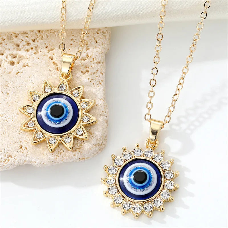 Best-selling Vintage Sun Flower Gold-plated Zircon Blue Eye Pendant Necklace for Gift