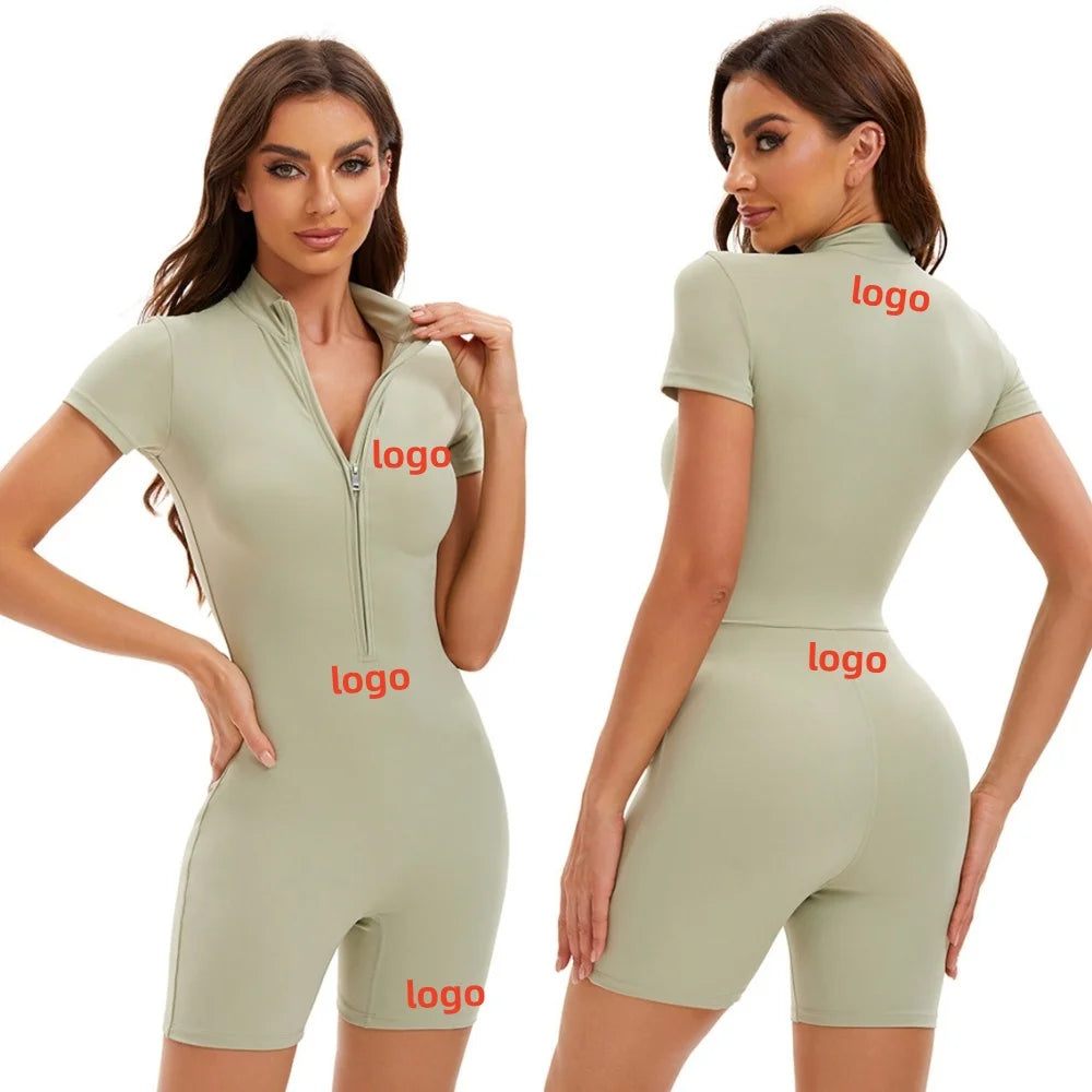 Custom Logo One Piece Zipper Fitness Yoga Bodysuit Shorts Workout Wear Gym Jumpsuit for Women