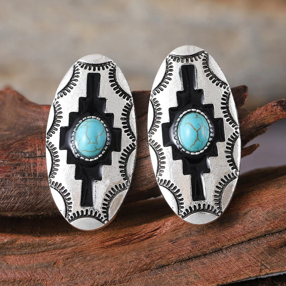 Best Seller Wholesale Western Aztec Stone Stud Earrings for Women Southwestern Pink Black Turquoise White Red Yellow Fashion