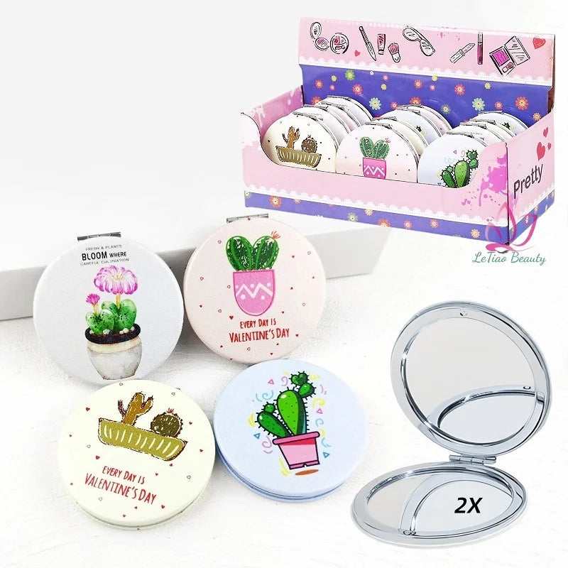 Wholesale 12PCS/Box Round Pocket Mirrors 2X Magnification Folding Compact Mirror Portable Double Sides PU Mini Mirror
