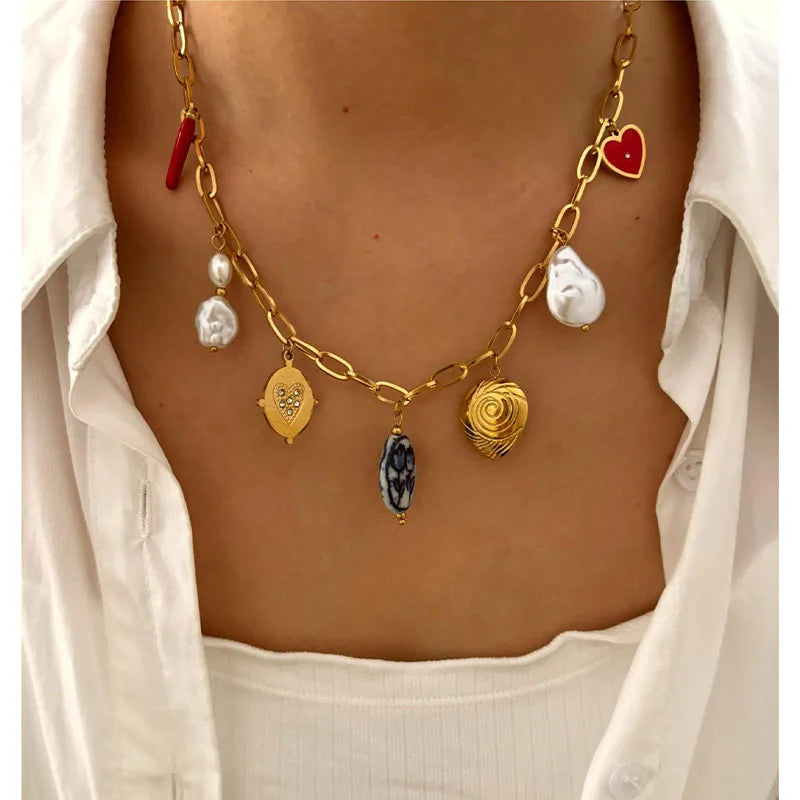 Fashion Stainless Steel Chain 18k Gold Plated Personalized Pendant Pearl Love Necklace YF6297