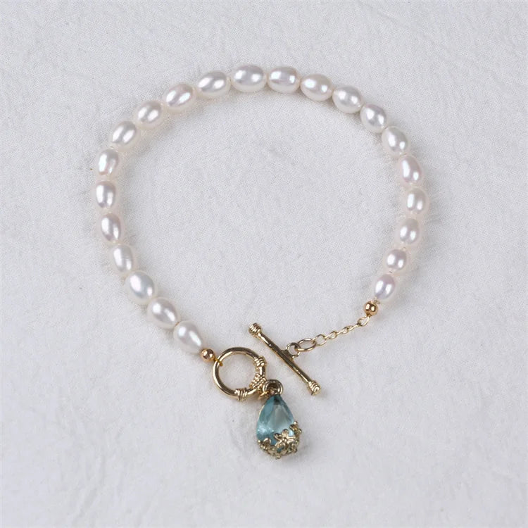 Natural Rice Freshwater Pearl White Grade a Trendy Glass Drop Accessories Bracelet OT Buckle for Women