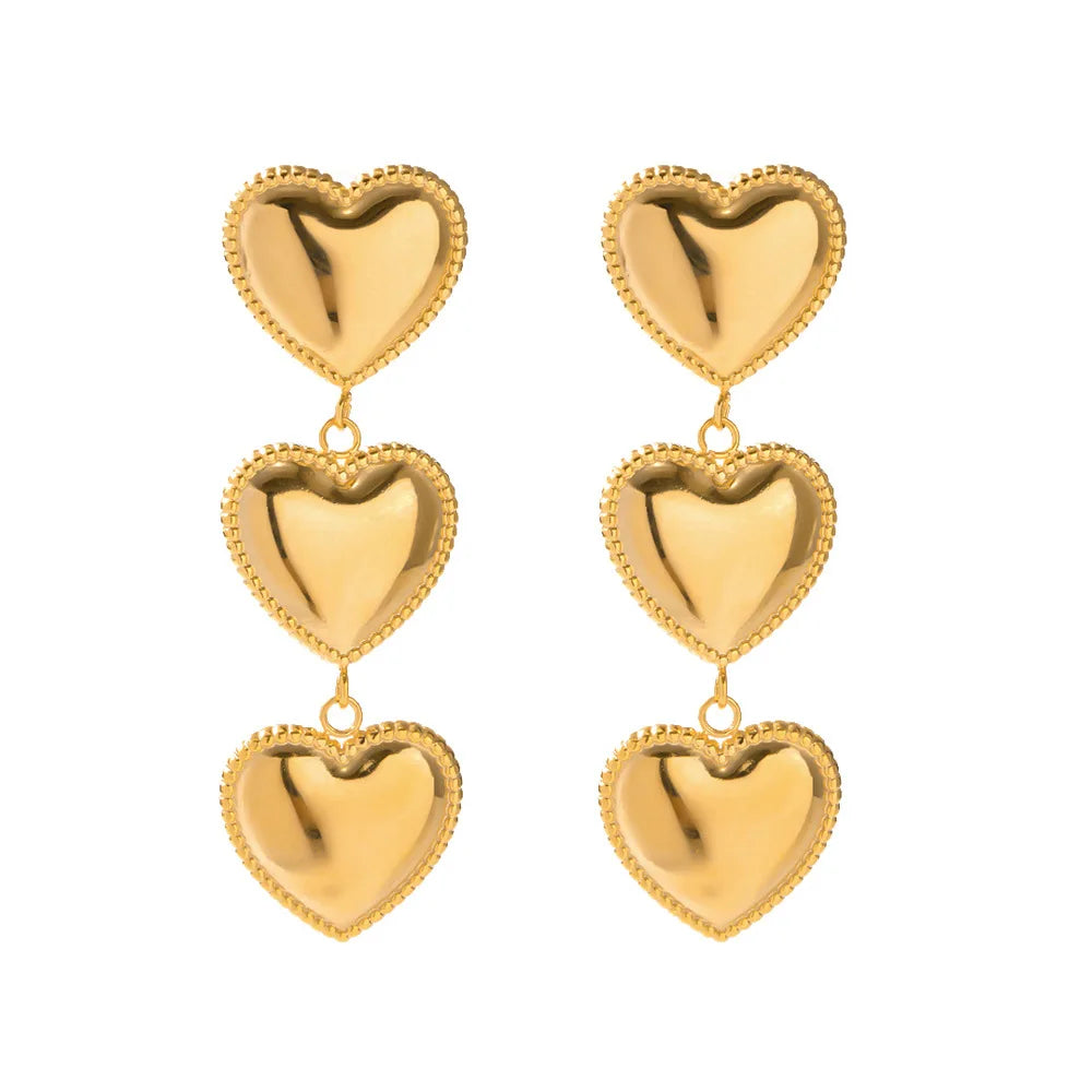 N&S 18K Gold Stainless Steel Triple Heart Tassel Drop Earrings Fashion Statement Jewelry Trendy Style for Gift