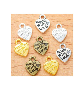 Gold Silver Bronze Zinc Alloy Made With Love Heart Charm Dangle Pendant for DIY Necklace Bracelet Jewelry Making