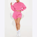 Customized Women's Acid Wash Zip Hood Sweatshirt High Waisted Shorts Set Oversized Shoulder Crop Top Jogger Training Long Terry