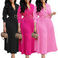 New African Women Pleated Maxi Dress Turn Down Collar Long Sleeve Belted Dress Office Lady Plus Size A-line Dresses MegaBDM