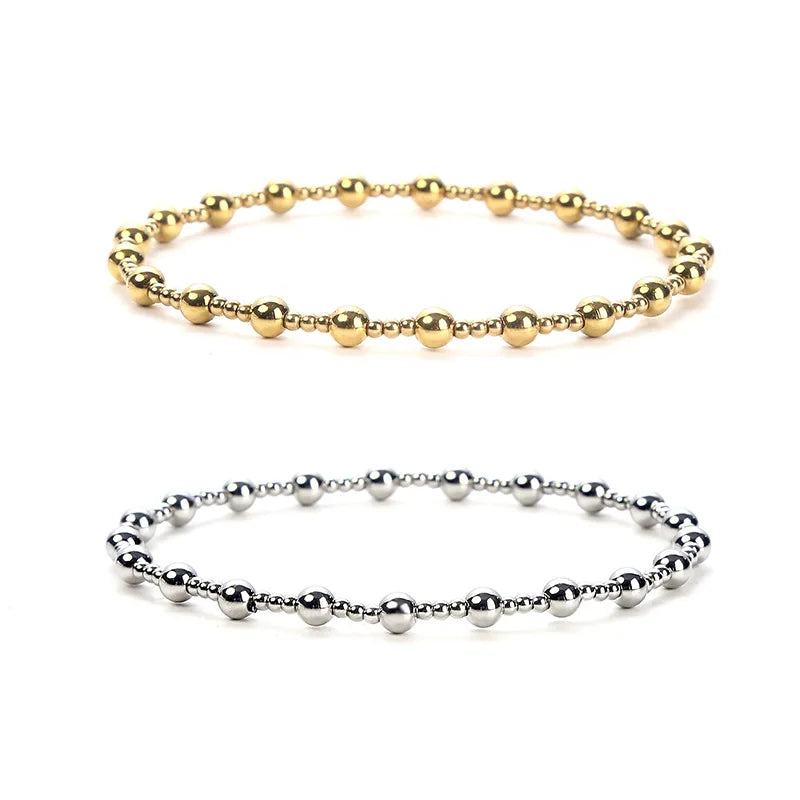 Fashion Waterproof Stainless Steel 18K Gold Plated Classic Thin Bead Elastic Bracelet Micro Insert Custom Logo for Women