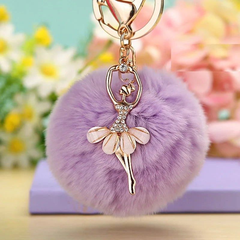 Cute Crystal Dance Ballet Girl Key Chain Originality Angel Rabbit Hair Ball Ladies Bag Jewelry