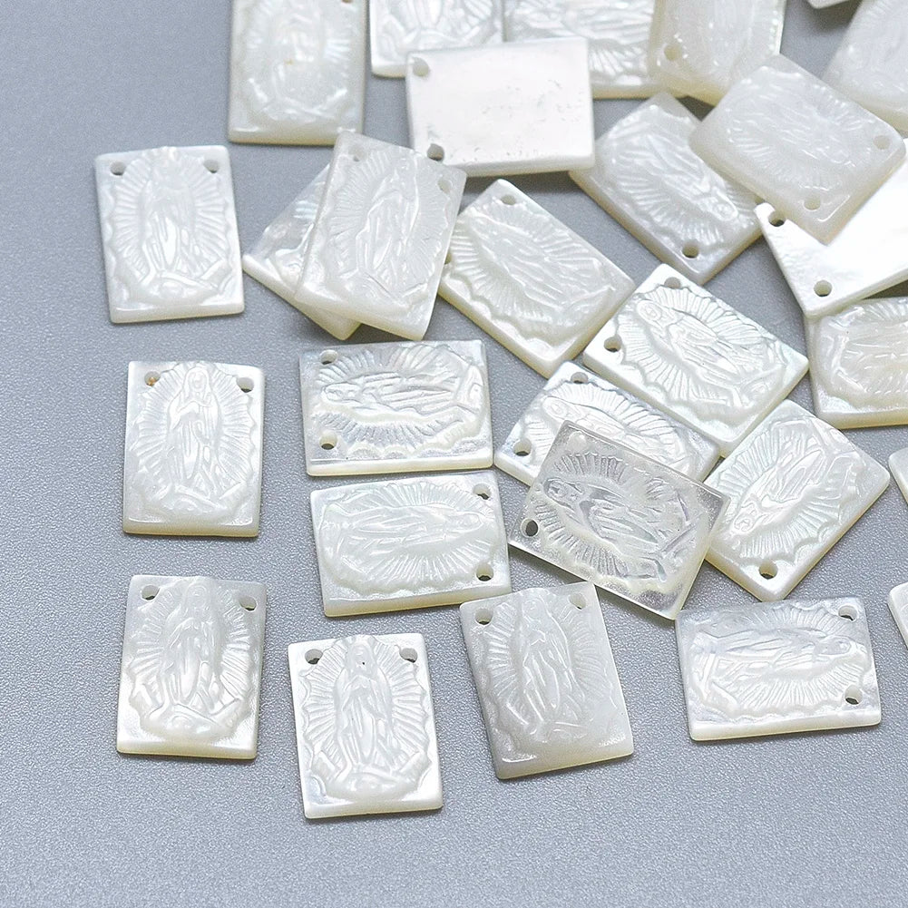 PandaHall Vintage Style Rectangular Virgin White Mother of Pearl Shell Pendant with Carved Shell