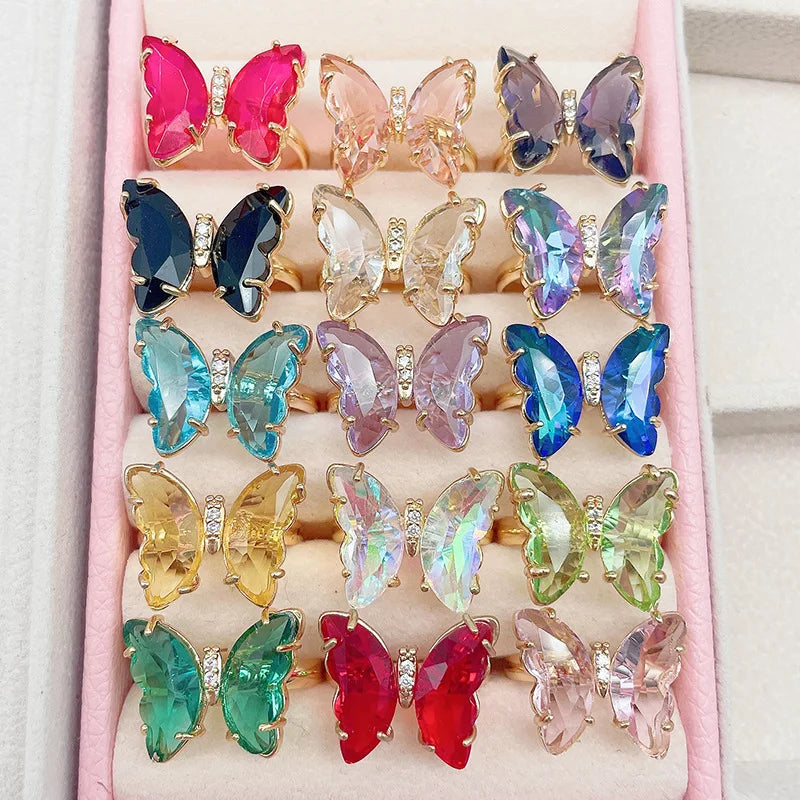 2022 Bohemian 18k Gold Plated 16 Multi Colors Butterfly Finger Ring Clear Colored Crystal Butterfly Adjustable Rings