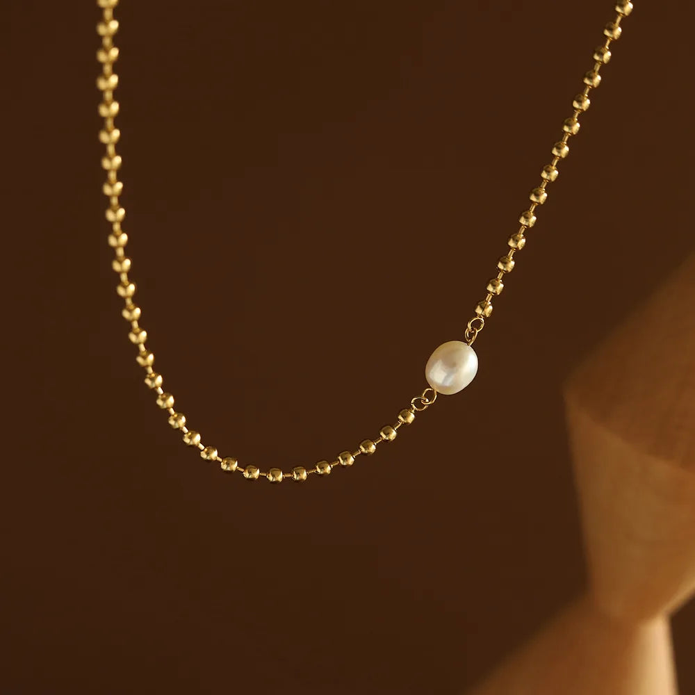 2022 New Trendy Waterproof Choker 18k Gold Plated Stainless Steel Link Chain Single Pearl Necklace