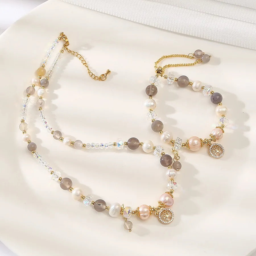 Luxury Natural Stone Necklace Gray Agate Beaded Clavicle Necklace Baroque Pearl Beads Bracelet Zircon Charm Jewelry for Women