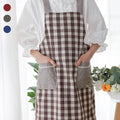 Wholesale Custom Korea Style Thickened Lattice Print Cotton Linen Work Cooking Plaid Apron with Pocket for Kitchen