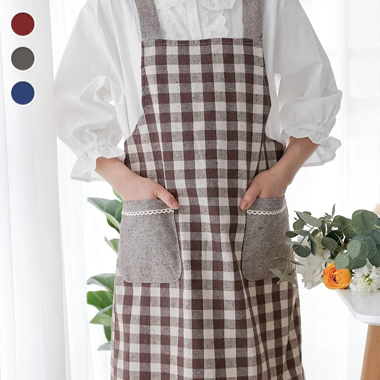 Wholesale Custom Korea Style Thickened Lattice Print Cotton Linen Work Cooking Plaid Apron with Pocket for Kitchen