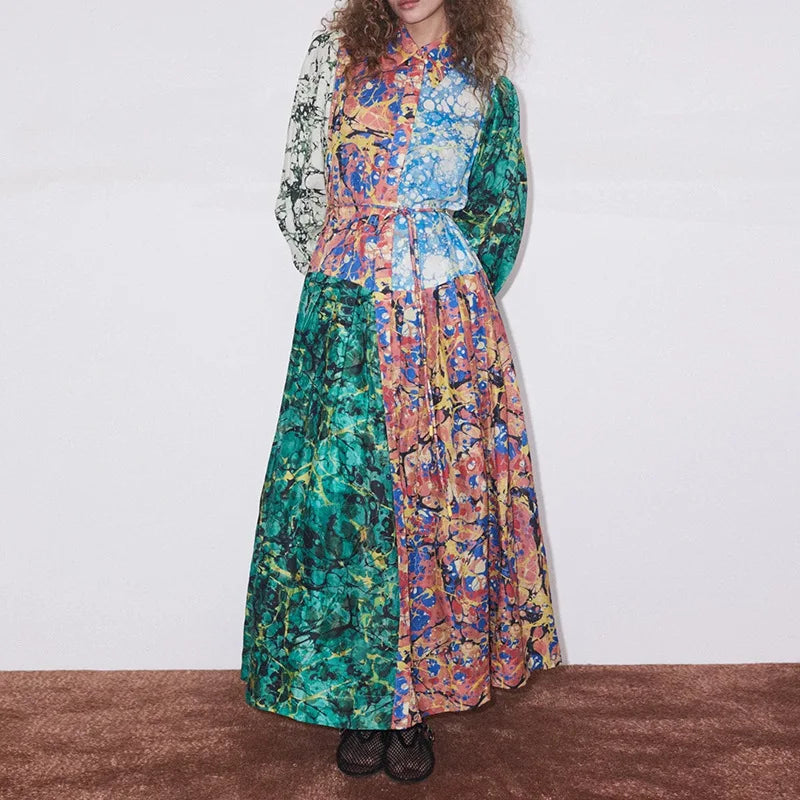 Literary Style Lapel Lantern Sleeve Maxi Dress Natural Woven Washable 2025 Spring New Niche Retro Print Design for Women