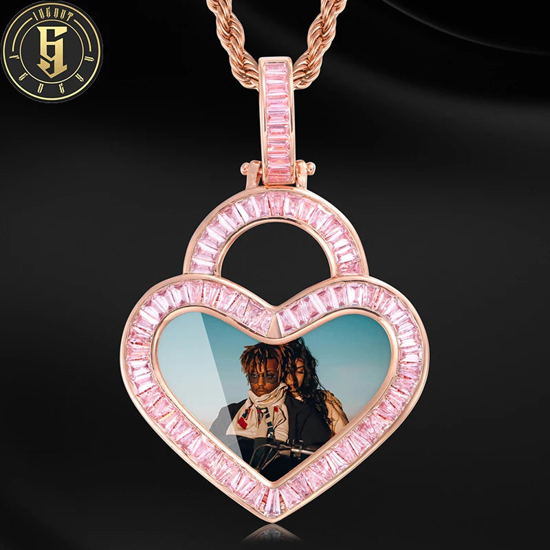 Wholesale Fashion Jewelry Custom Picture Charm Brass Baguette Zircon Diamond Iced Out Heart Photo Pendant Memory Jewelry