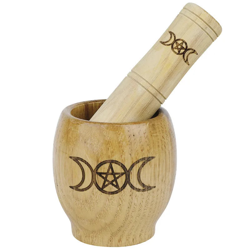 New Log Carving Pentagram Three-Phase Moon Goddess Wooden Masher Altar Ornament Religious Engraving Style Annatto Type