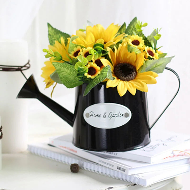 DREA 2026 New Model Artificial Flowers Plastic Sunflower Bonsai Pot with Black Metal Watering Pot