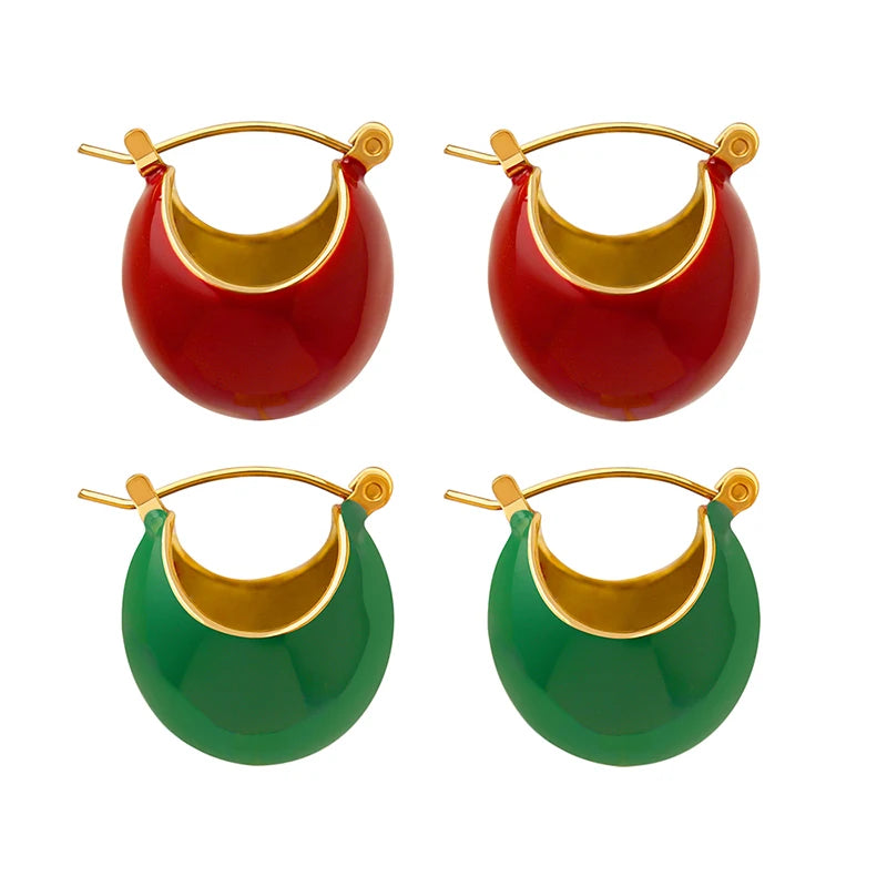 Vintage Red and Green Geometric Earrings Trendy Stainless Steel with Gold Plating Popular Vintage Style