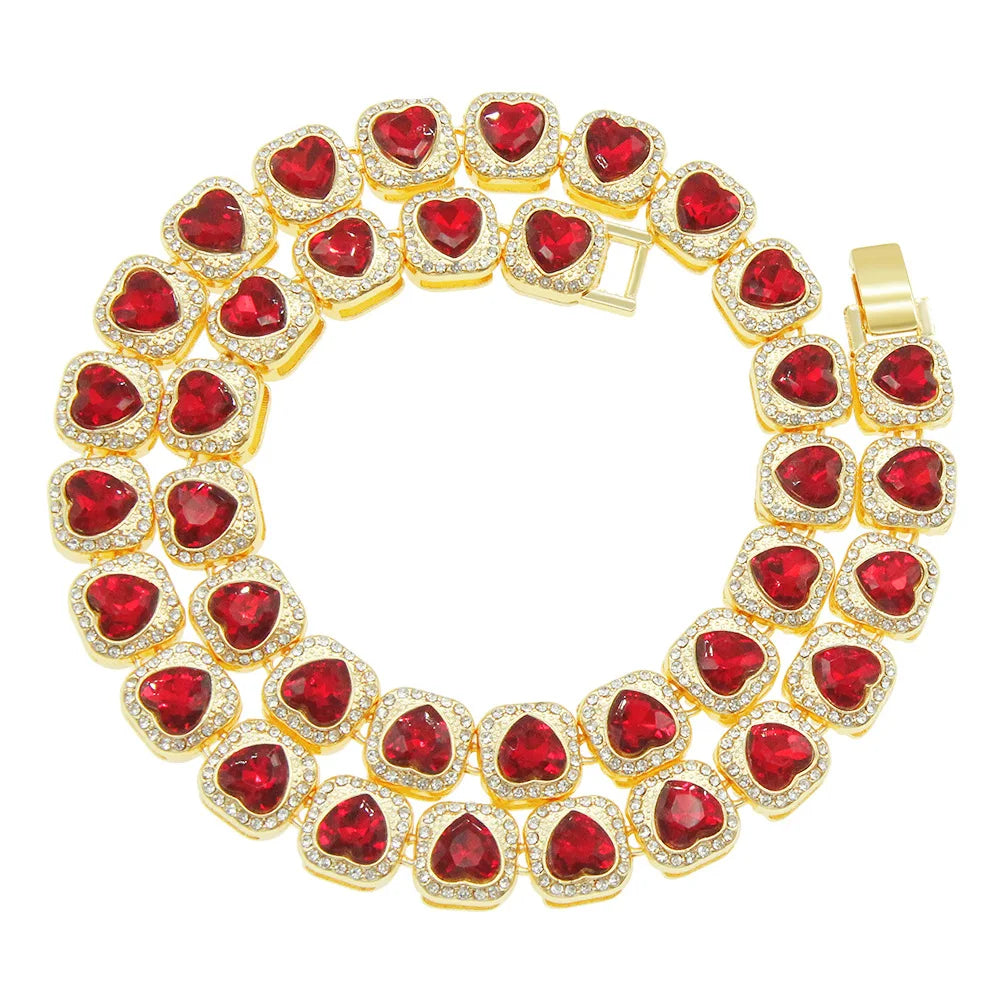 Men's Hip Hop Full Diamond love Heart Red Diamond Cuban Chain Necklace Personality Trend Necklacemen's Necklace