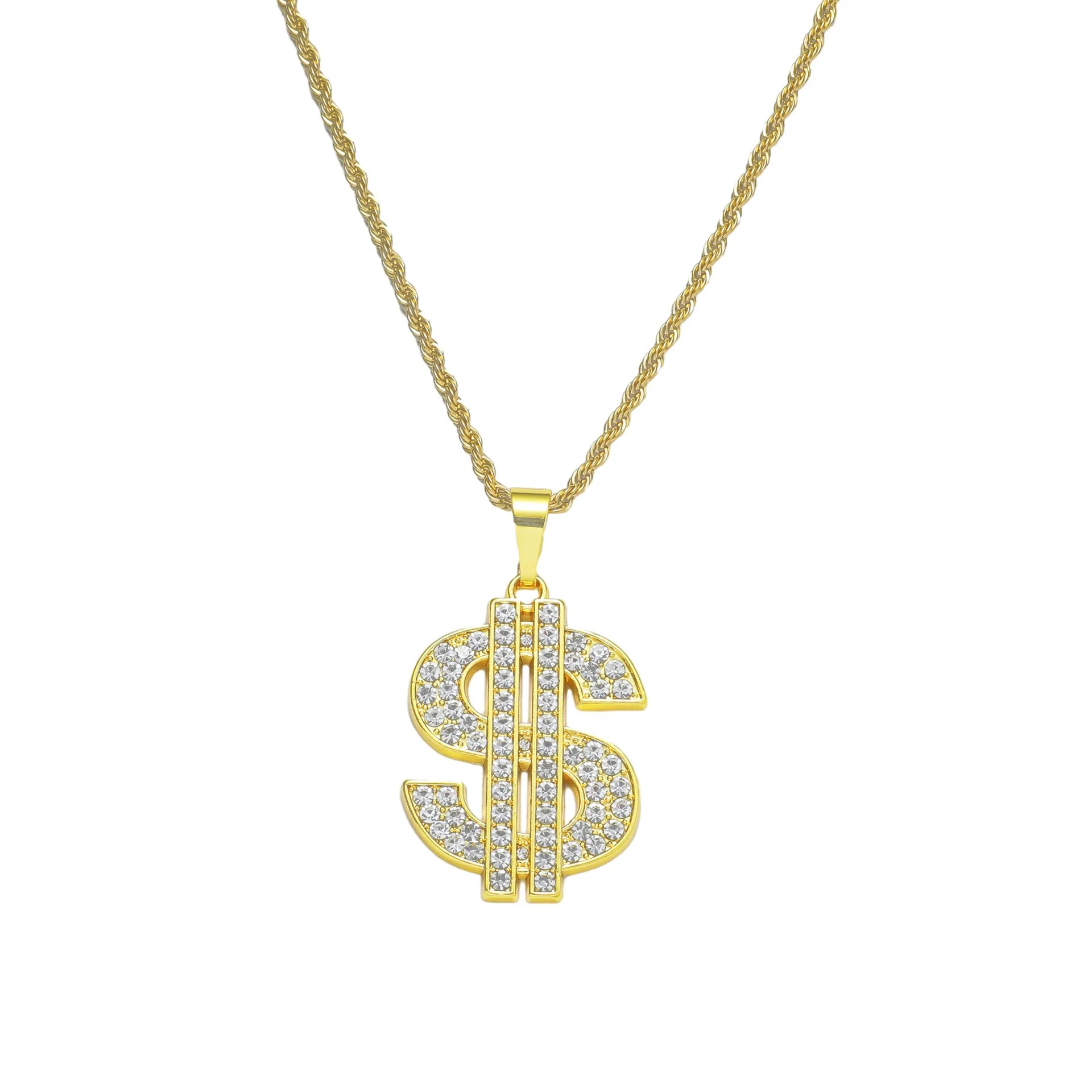 Hiphop Men Crystal US Dollars Shape Pendant Necklace with Stainless Steel Twisted Chain Rock Street Jewelry