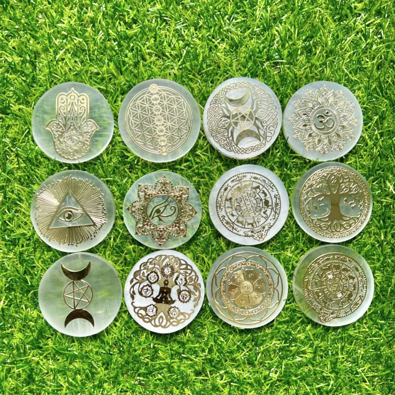Selenite Charging Plate Gold Silver Constellation Patterns Selenite Crystal Slice
