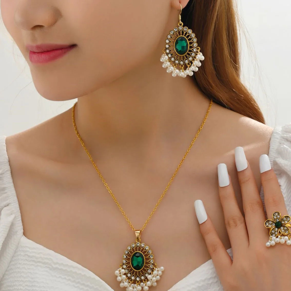Vintage Rhinestone Pearl Jewelry Set Drop Tassel Necklace Earrings Ring Jewelry Set Flower Bridal Wedding Jewelry Sets