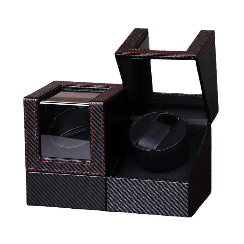 Luxurious Rotatable Black Carbon Fiber PU Leather Glass Window Automatic Safe Box Watch Winder With Stitch