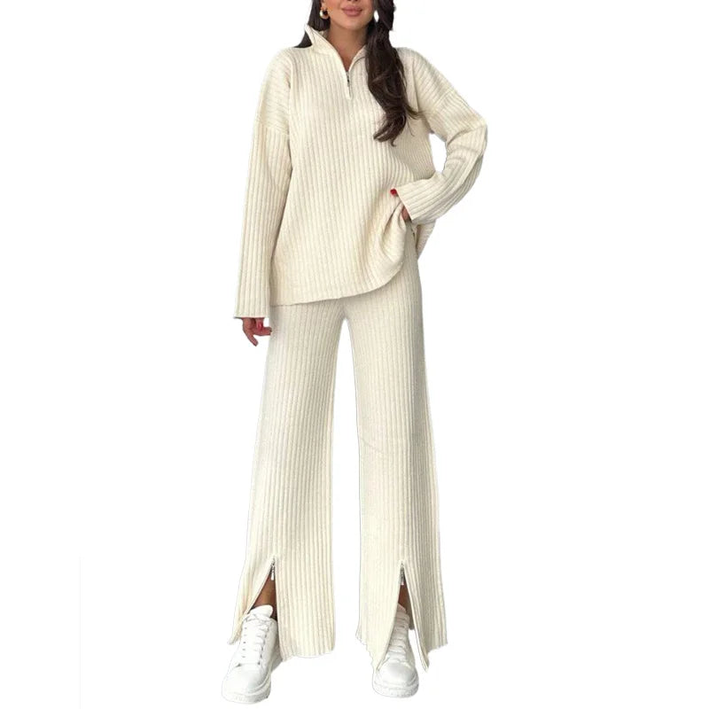2025 Spring Half Zipper Pullover Plus Size Women Casual Regular Sleeve Sweaters Flare Pants Two Piece Set Women Knitted Sets