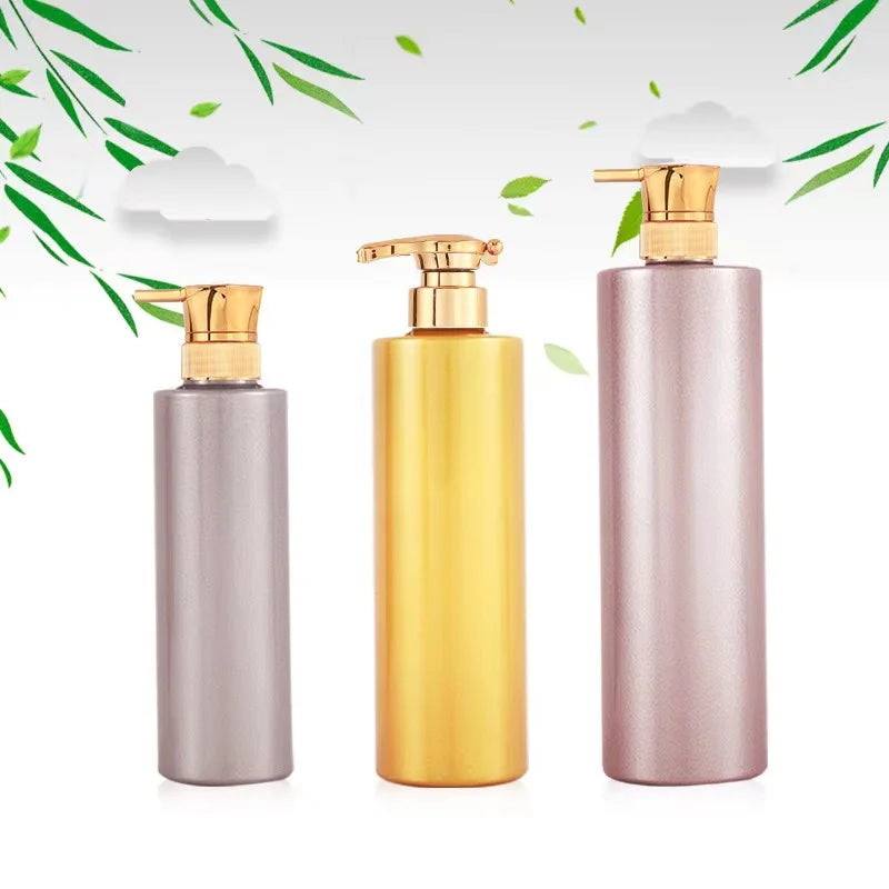 Wholesale 300ml 500ml  PET Round Body Wash Plastic Bottle Gold Pump Head Can Refill Shampoo Conditioner Empty Bottle