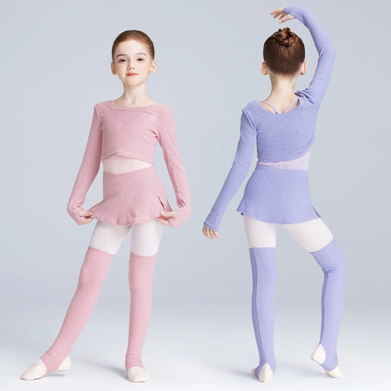 Children Ballet Dance Suits Autumn Winter Girls Warm Dance Training Tops & Skirts & Leggings 3 Pieces Sweater Suit