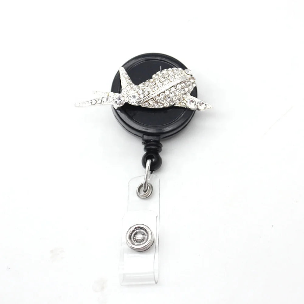 Silver Tone Zinc Alloy Retractable Crystal Airplane Hostess Nurse ID Badge Holder with Safety Breakaway Pull Reel JOTOME YL85b