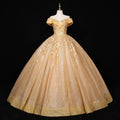 Off Shoulder Luxury Vintage Lace Gowns Gold Party Prom Dress Ball Gown Evening Prom Dresses