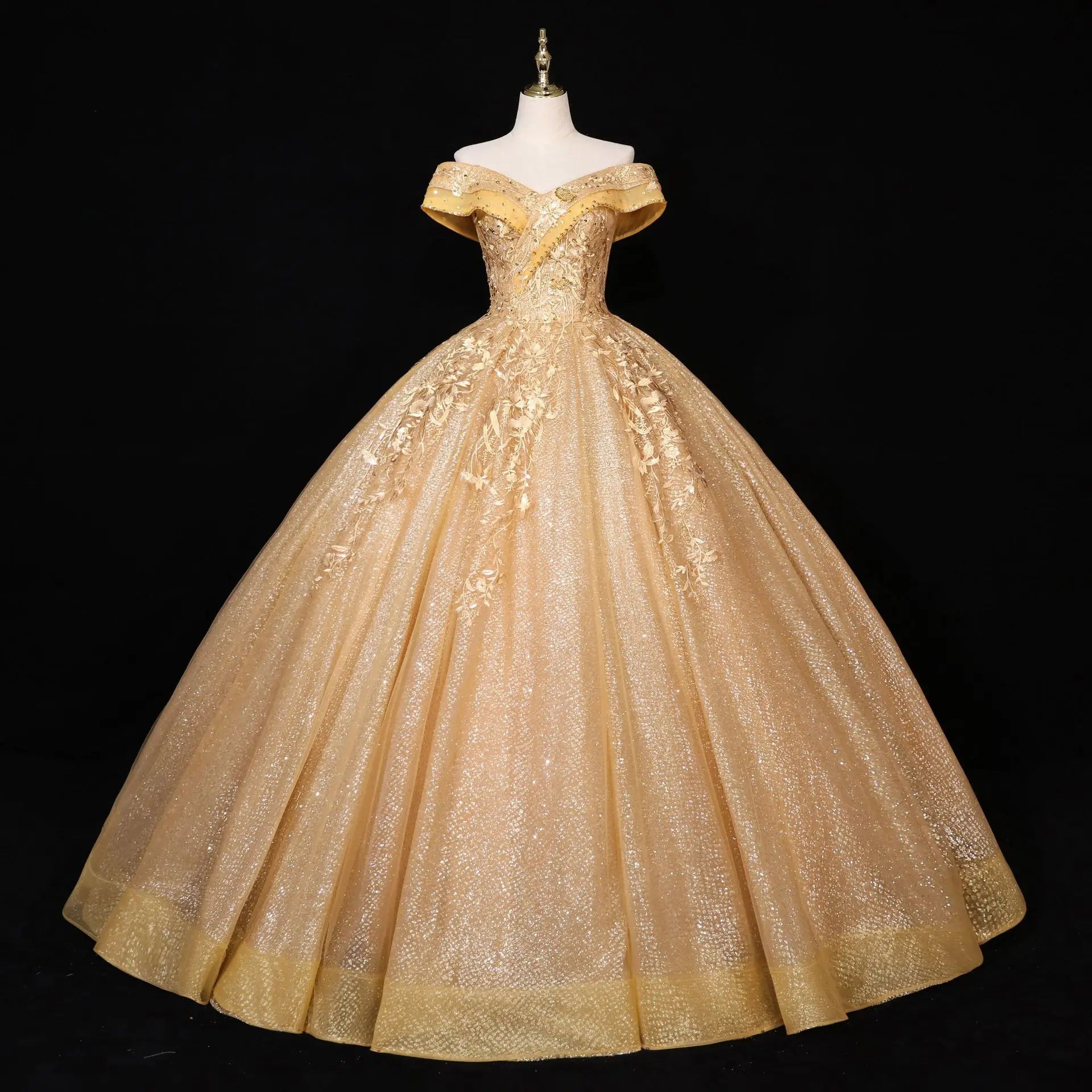 Off Shoulder Luxury Vintage Lace Gowns Gold Party Prom Dress Ball Gown Evening Prom Dresses