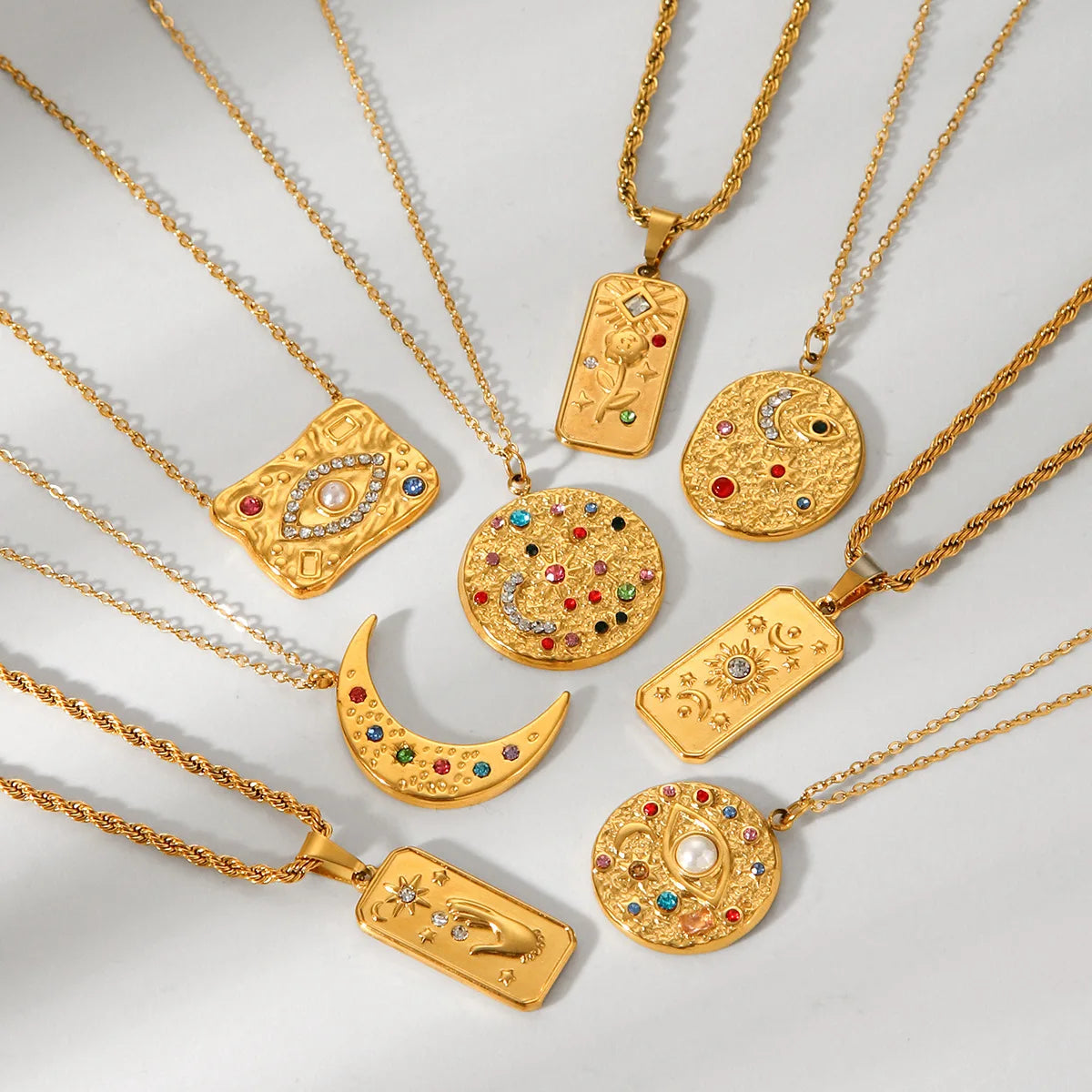 New Arrival  Stainless Steel 18K Geometric Sun Moon Diamond CZ Birthstones Pendant Necklaces for Girls