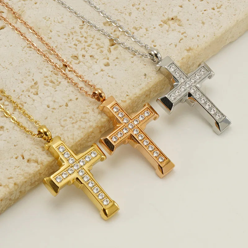 18K Gold Plated PVD Stainless Steel Bling Large Big Diamond Christian Cross Pendant Necklace Jewelry for Women Men