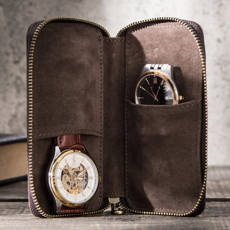 Personalized Vintage Leather Watch Box Fashion 2 Slot Watch Storage Bag Zipper Watch Holder Case