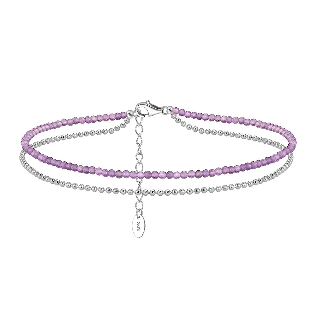 RINNTIN SA45 Pure 925 Sterling Silver Layered Chains Amethyst Anklets Bracelets for Women Summer Beach Foot Chain Jewelry Gifts