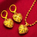 Hollow Heart Shaped 24k Yellow Gold Plated Leaf Carved Pendant Chain Earrings Jewelry Set for Women