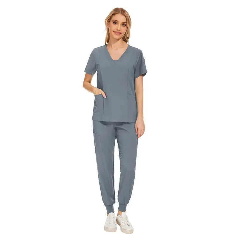 42025LW Scrub Band Cap Surgical Chic Jogger Scrub Set With Gold Zippers Colorful Medical Scrubs