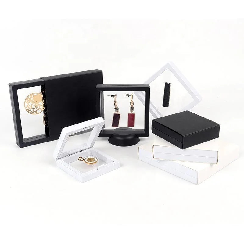 Clear PE Film Suspension Holder Acrylic 3D Floating Frame Jewelry Display Case Box Packaging With Sliding Sleeve Schmuckkastchen