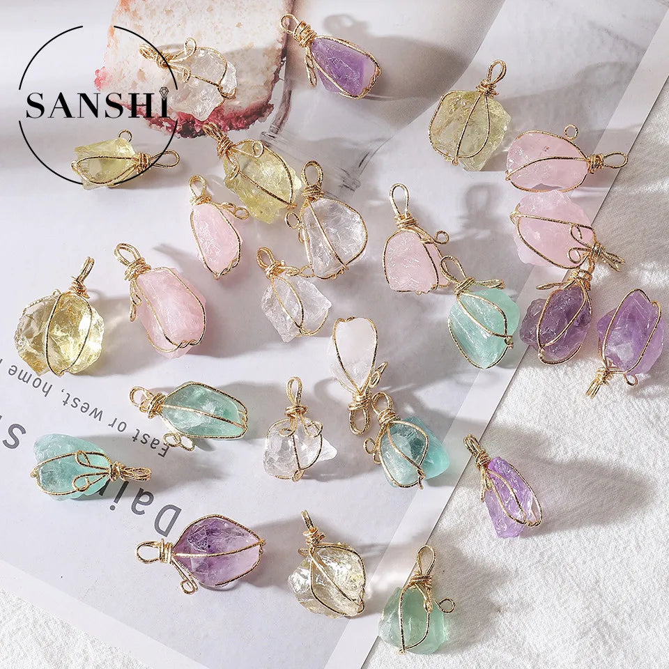 Custom Classic Style Rough Gemstone Crystal Necklace Citrine Rose Quartz Amethyst Apatite Pendant Wrap Raw Crystal Stone Pendant