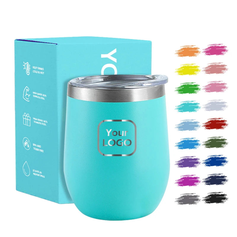 Custom Logo 12oz Stainless Steel Double Wall Insulated Egg Shape Powder Coating Wine Tumbler Plastic Lid Boiling Water Safe