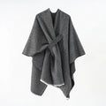 Women's Boho Open Front Poncho Knitted Plaid Shawl Wrap Cape Straps Tassel Shawl Cardigan Sweater