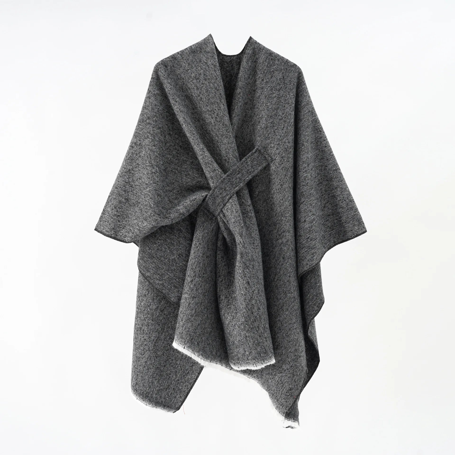 Women's Boho Open Front Poncho Knitted Plaid Shawl Wrap Cape Straps Tassel Shawl Cardigan Sweater